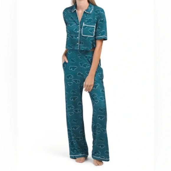 WILDFOX Pajamas Set Up In The Air Short Sleeve pants button fown shirt clouds - Picture 2 of 7